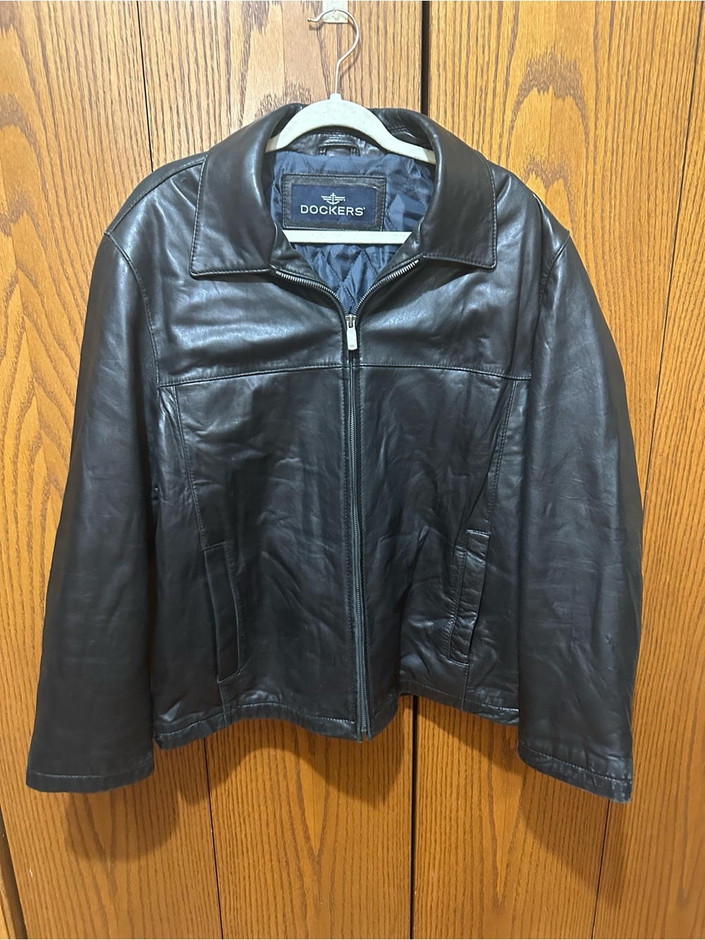 Dockers Men’s Genuine Leather Jacket Black L MP3 Phone Pocket Y2K